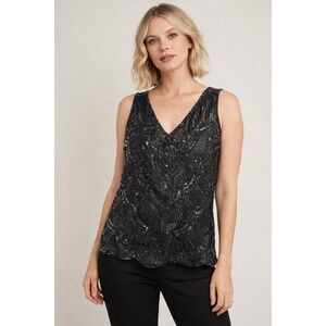 Ann Katrine Vintage Beaded Sequin Silk Tank Top Black Iridescent V-Neck Medium